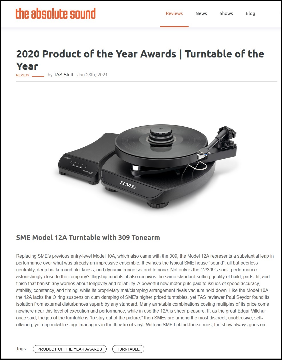 SME Model 12 Wins The Absolute Sound Turntable of the Year